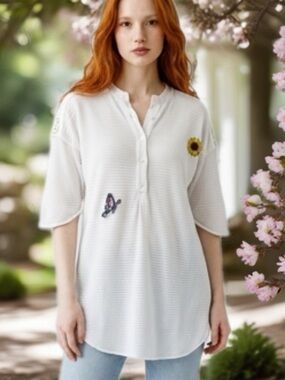 White Embroidered Button Henley Tunic with Sunflower & Butterfly